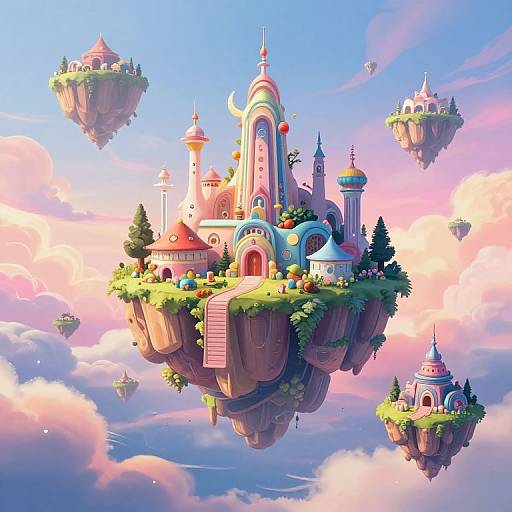 Whimsical digital illustration of floating, colorful floating islands with pastel-colored towers, lush greenery, and pink and blue sky. Fantasy architecture and