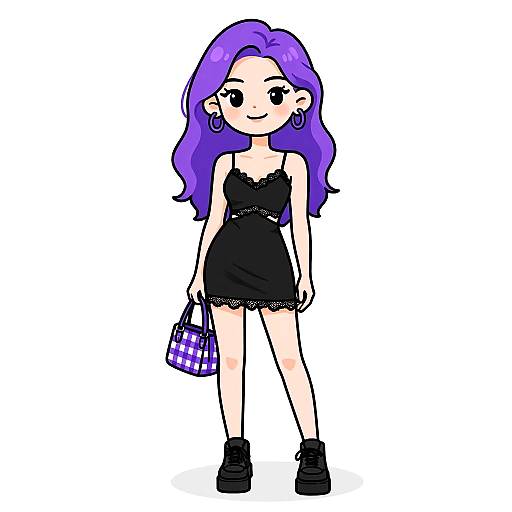 Digital drawing of a cute, purple-haired girl in a black lace-trimmed dress, holding a purple plaid purse, wearing black ankle boots.