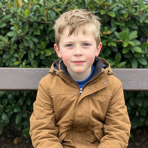 Photograph of a young boy with blond hair, blue eyes, and fair skin, wearing a brown jacket, sitting against a wooden bench with green leaf