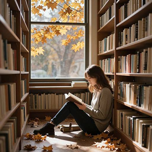 Photograph of a woman with curly brown hair, in a gray sweater and black jeans, reading a book in a sunlit library aisle with autumn leaves