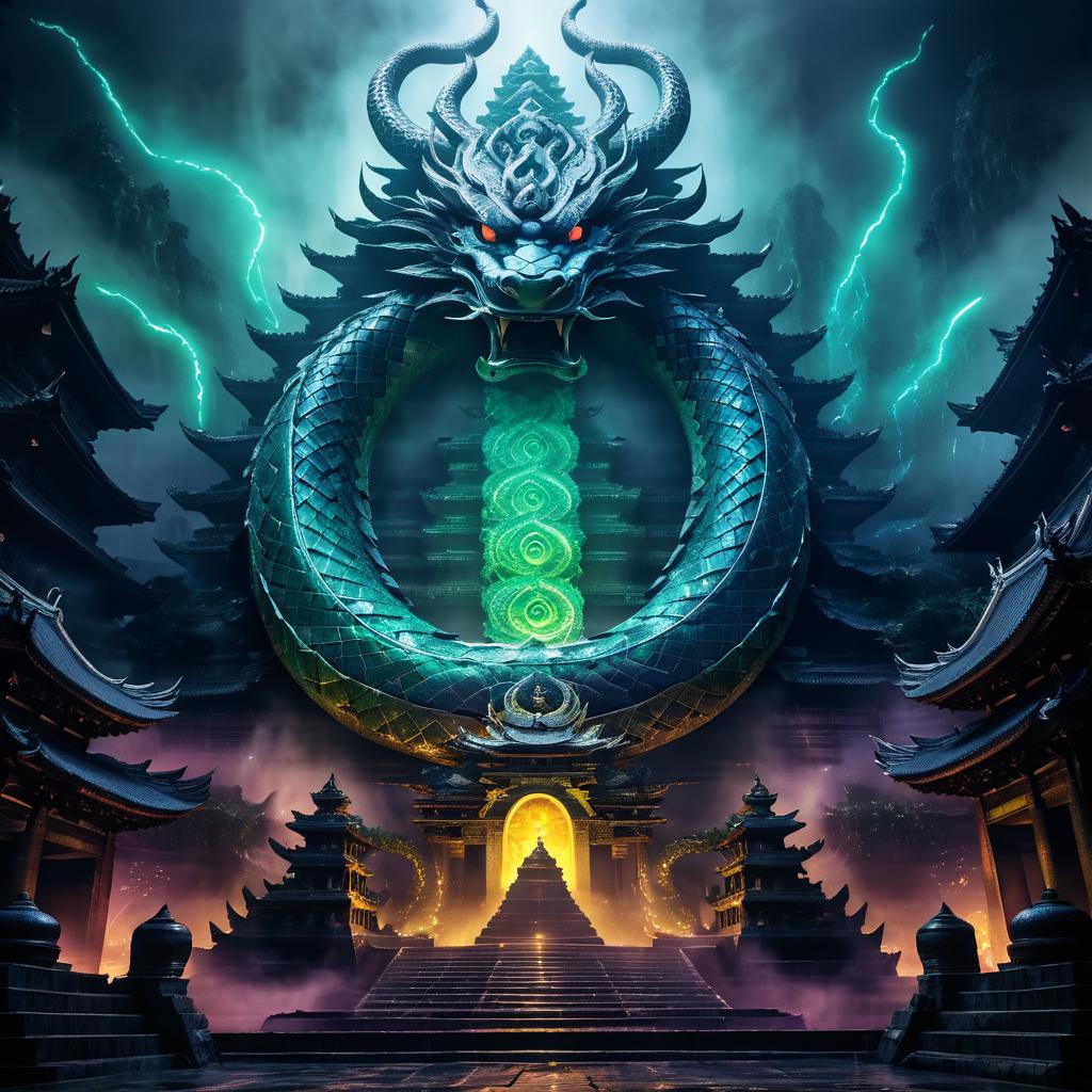 Iridescent Serpent Emerges from Temple