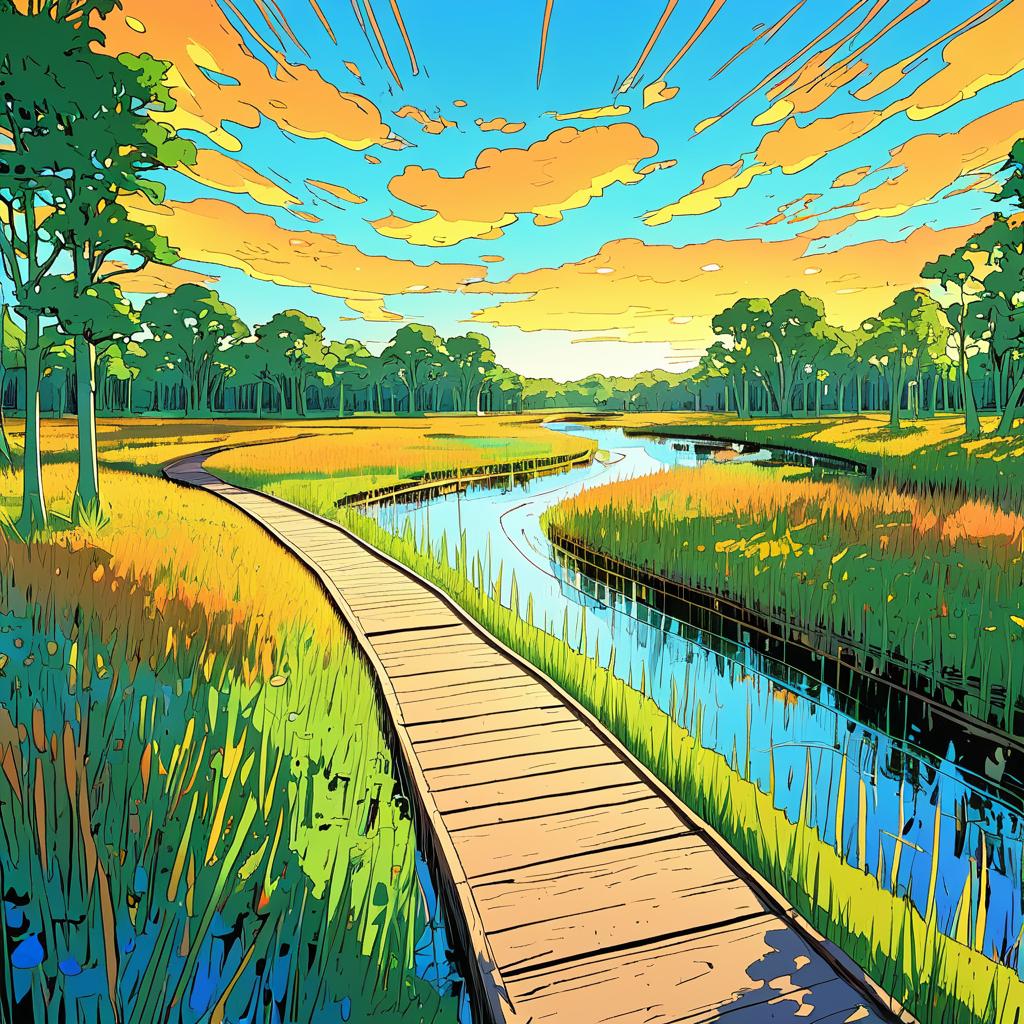 Vibrant Wetland Boardwalk in Toon Style