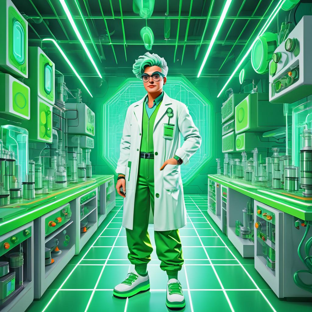 Quirky Green-Haired Scientist in Retro Lab