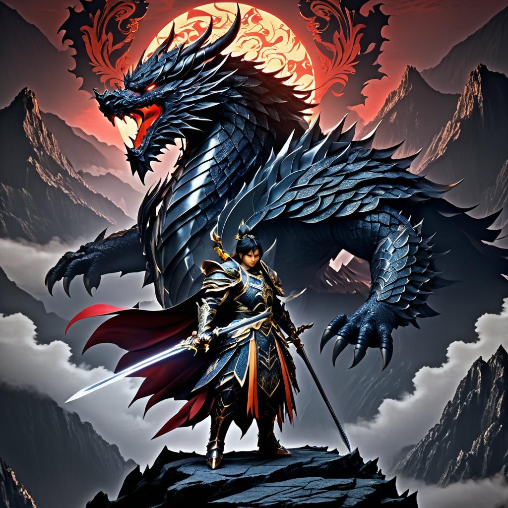 Warrior Confronts Dragon on Mountain Peak