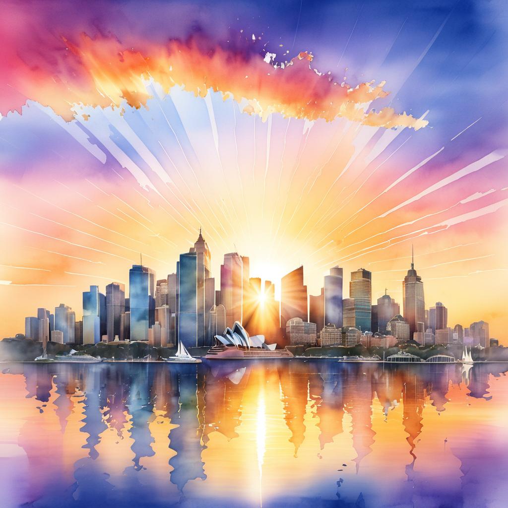 Sydney Sunset Skyline in Watercolor Art