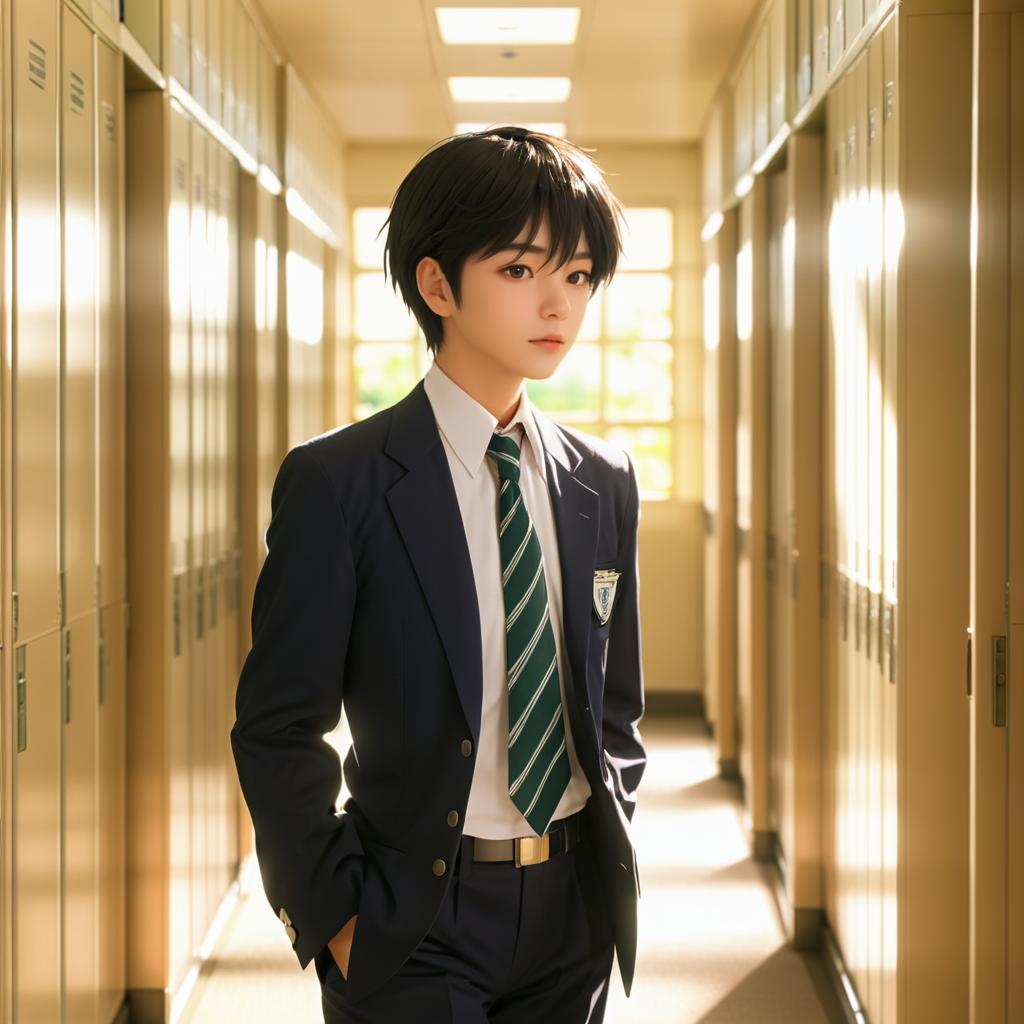 Shy High School Boy in Sunlit Hallway