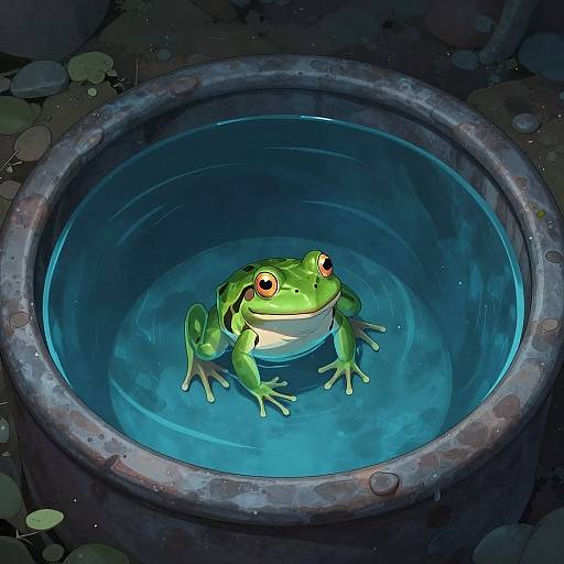 Digital illustration of a green frog with red eyes in a glowing, blue, circular, rusty metal well, surrounded by dark, wet stones.