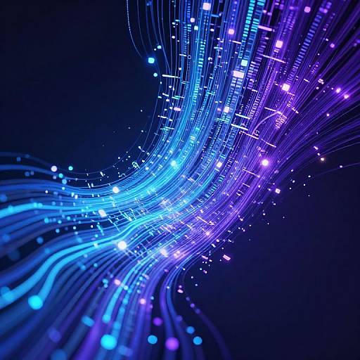 Abstract digital artwork of vibrant blue and purple neon lines and dots, swirling against a black background, creating a futuristic, energetic pattern.