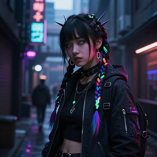 Cyberpunk street scene: Neon-lit alley, gothic girl with black hair, spiked headpiece, colorful braids, black crop top,