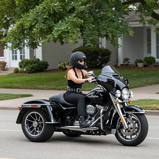 Woman Riding Black Harley Trike