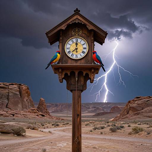 Photograph of a wooden clock with two colorful parrots perched on either side, set against a dramatic lightning storm in a desert landscape.
