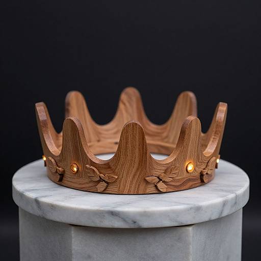 Photograph of a wooden, crown-shaped accessory with illuminated, small amber lights, set on a white marble pedestal against a dark background.