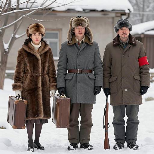 Winter Trio with Luggage in Snow
