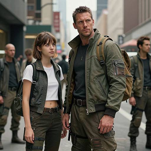 Photograph of a serious, muscular man with short brown hair, wearing a green jacket and black shirt, standing beside a young woman with brown hair in
