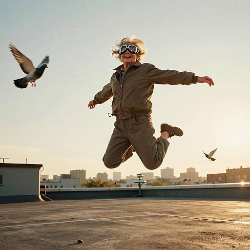 Elderly Aviatrix Leap at Golden Hour