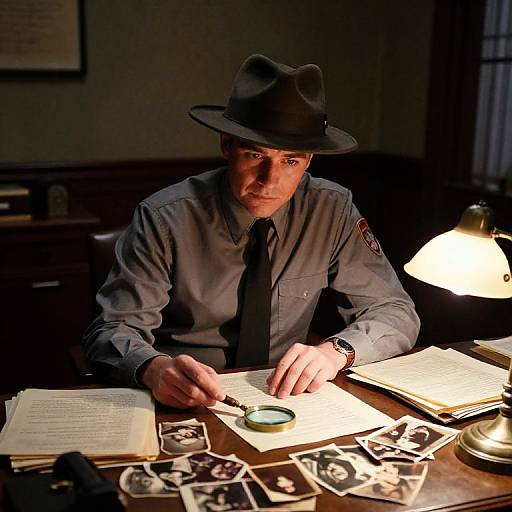 Photograph of a serious, Caucasian man in a gray uniform and black fedora, using a magnifying glass on papers and black-and-white photos in