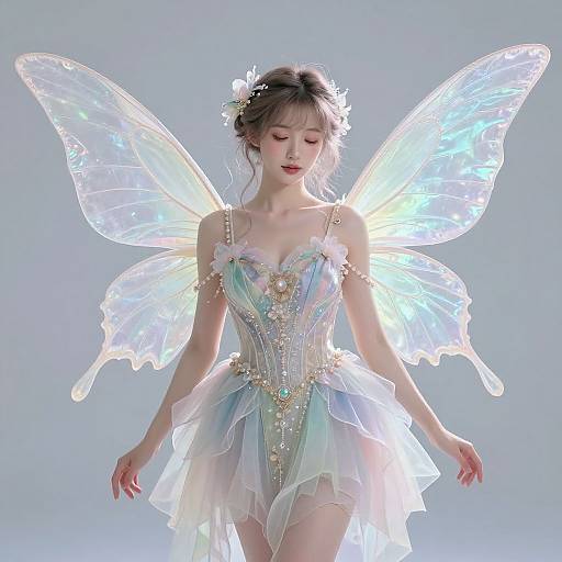Photograph of a delicate, pale-skinned woman with ethereal, glowing blue wings, wearing a shimmering, pastel-colored, fantasy fairy dress