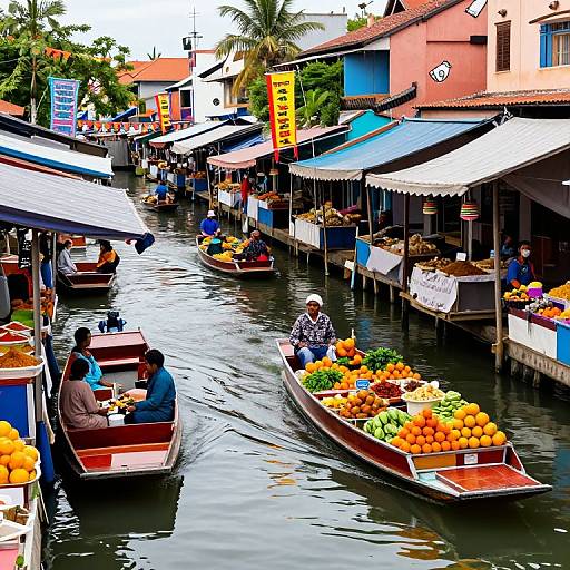Vibrant photograph of a bustling floating market with colorful boats selling fresh oranges, green peppers, and other fruits along a narrow waterway lined with wooden