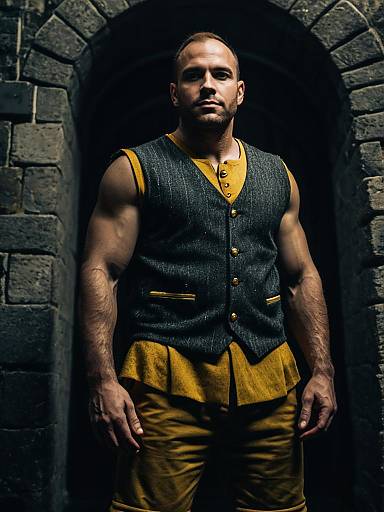 Man in Gray Vest and Brown Shorts by Stone Archway