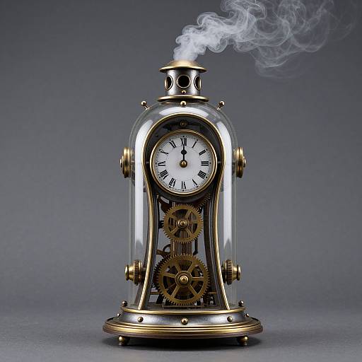 Steampunk-style clock with metallic silver casing, exposed brass gears, white clock face, black Roman numerals, and white smoke rising from the top