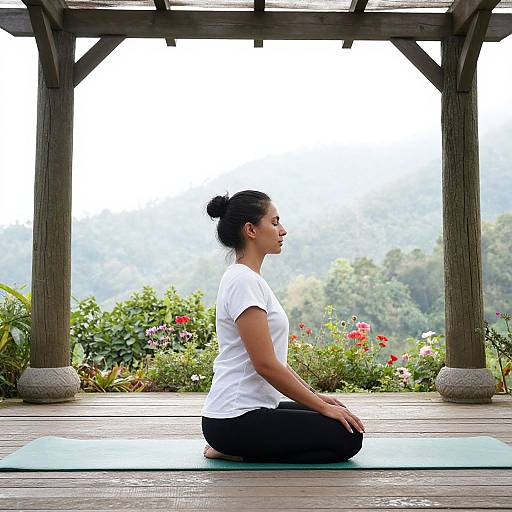 Photograph of a woman with dark hair in a bun, white shirt, and black pants, meditating in lotus position on a blue mat under