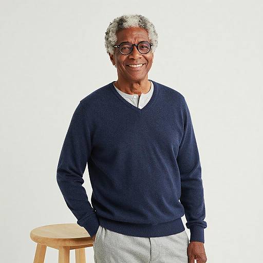 Photograph of an older man with curly gray hair, glasses, smiling, wearing a navy sweater over a white shirt, light gray pants, standing beside