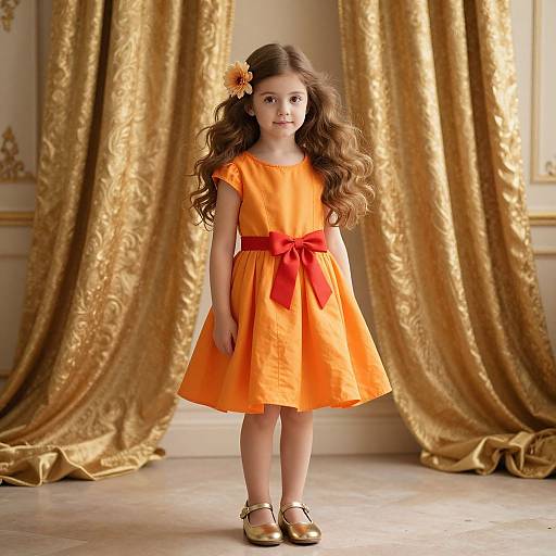 Elegant Young Girl in Gold Curtain