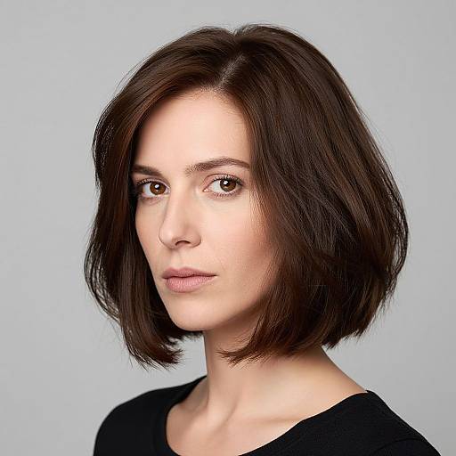 Photograph of a fair-skinned woman with short, dark brown, layered bob haircut, wearing a black top, against a light blue background.