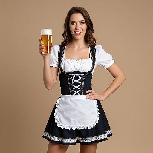 Photograph of a smiling brunette woman in a black Bavarian-style dirndl with white lace trim, holding a foamy beer mug against a beige background