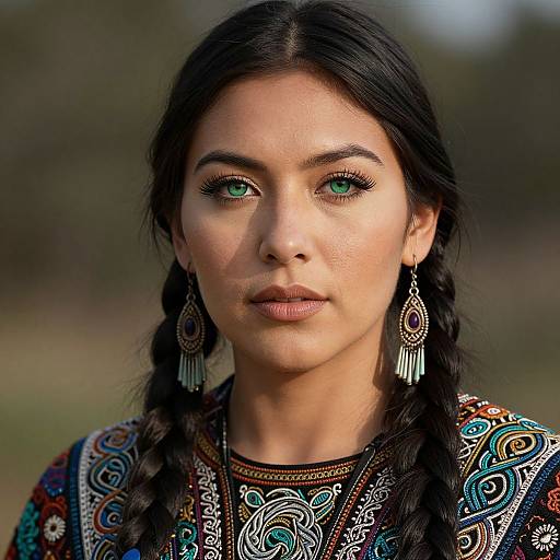 Photograph of a young woman with green eyes, dark braided hair, and intricate traditional clothing, wearing teal dangling earrings, against a blurred outdoor background
