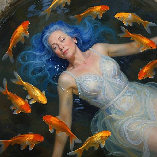 Digital painting of a woman with blue hair, wearing a translucent dress, floating in dark water surrounded by vibrant orange goldfish.