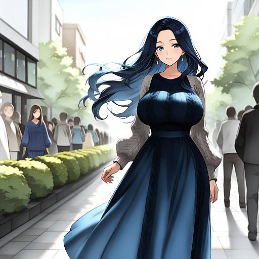 Japanese Woman in Blue Knit Dress