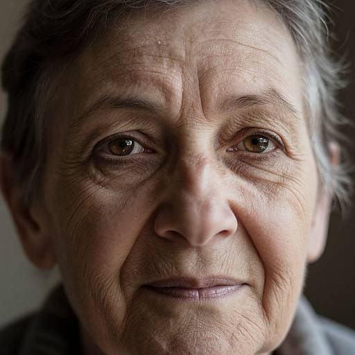 Close-up photograph of an elderly man with wrinkles, gray hair, and deep-set brown eyes, smiling subtly, with soft natural light highlighting his weathered