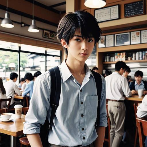 Focused High School Boy in Busy Café