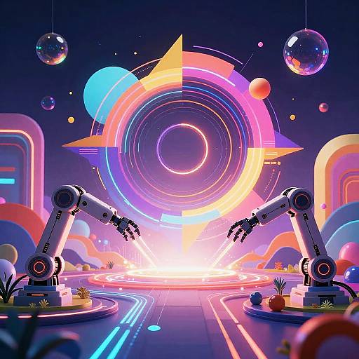 Neon-lit, futuristic digital art: robotic arms extend toward a glowing, circular portal amidst floating planets, colorful spheres, and vibrant, swirling lights