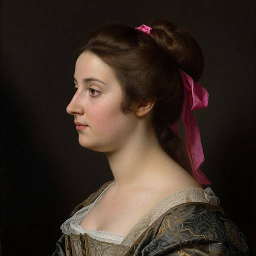 Photograph-style portrait of a young Caucasian woman with fair skin, brown hair in an updo with pink ribbon, wearing an ornate, patterned