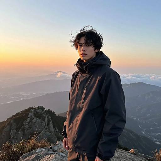 Photograph of a young man with messy black hair, wearing a dark jacket, standing on a rocky mountain peak at sunset, with a colorful sky and