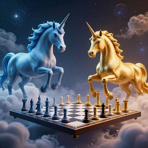 Digital artwork of two unicorns, one blue and one gold, mid-leap, playing a chessboard in a starry, cloudy sky.