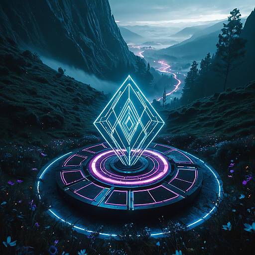 Luminous Holographic Sculpture in Misty Valley