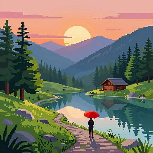 Pixel Art Serene Mountain Sunset