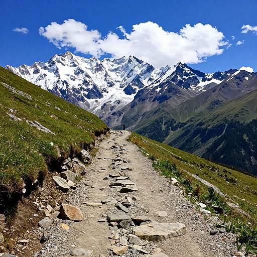 Photograph of a rugged mountain trail leading to snow-capped peaks under a bright blue sky with scattered white clouds.