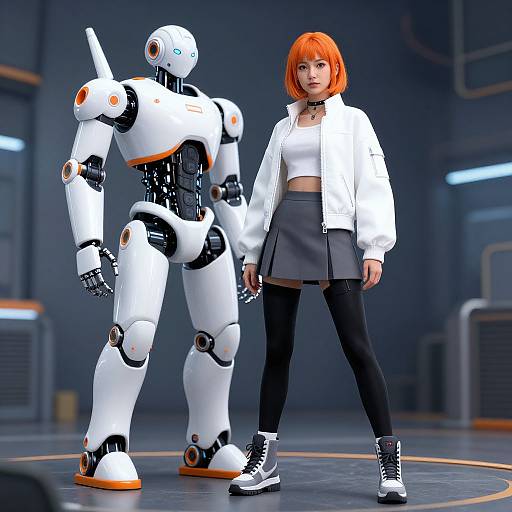 CGI image of a red-haired woman in a white crop top and black skirt standing next to a white and orange robotic humanoid. Futuristic lab setting