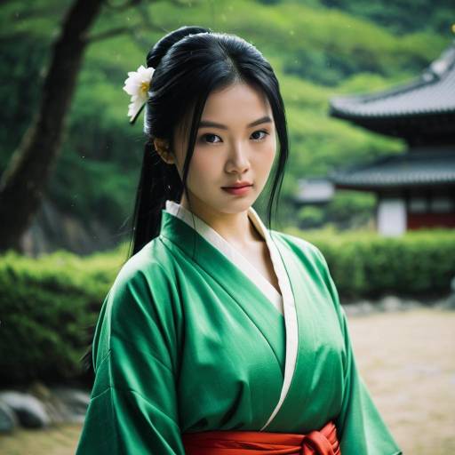 Asian Woman in Green Kimono Outdoors