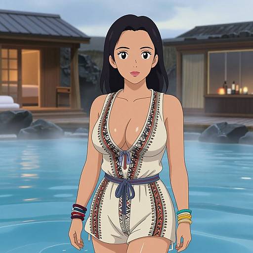 Anime-style drawing of a curvy woman with black hair, large breasts, wearing a white, deep V-neck dress with colorful patterns, standing in a