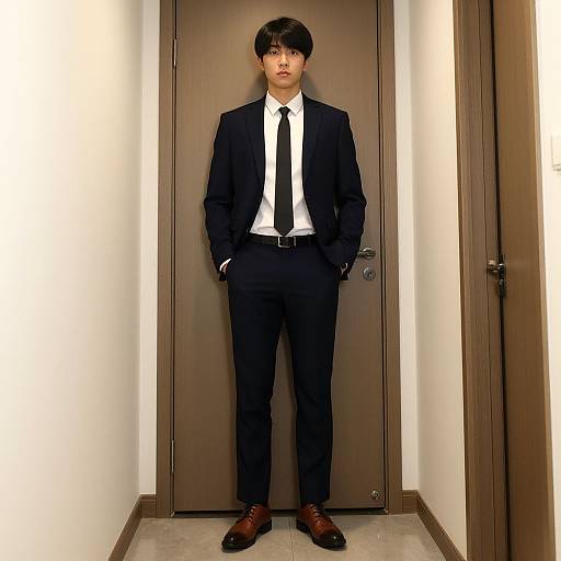 Photograph of an Asian man in a black suit, white shirt, black tie, and brown leather shoes, standing with hands in pockets, in front