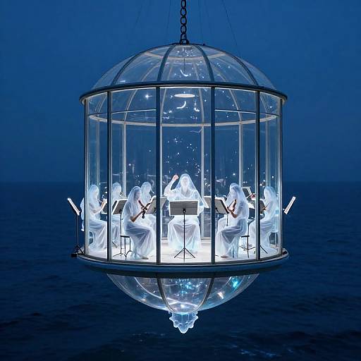Photograph of a glowing, spherical glass enclosure hanging over dark blue water, containing white-draped musicians playing instruments inside.