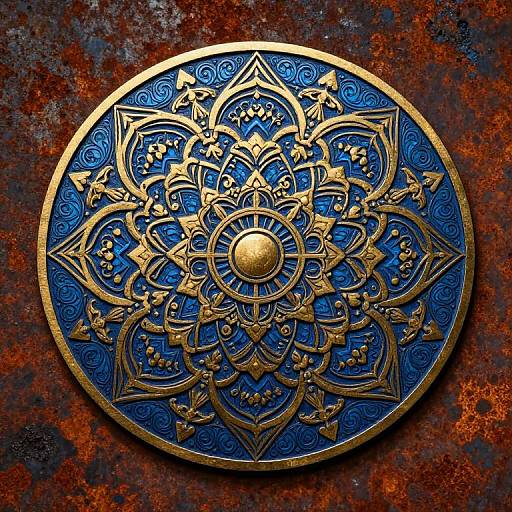 Circular, intricately patterned blue and gold medallion with symmetrical designs, set against a rusted, textured brown background. Digital art.