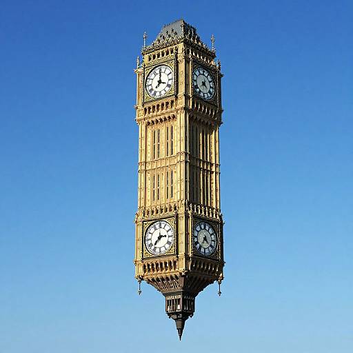 Photograph of the iconic Big Ben clock tower, floating against a clear blue sky, showcasing its detailed Gothic architecture and four white clocks with black hands.