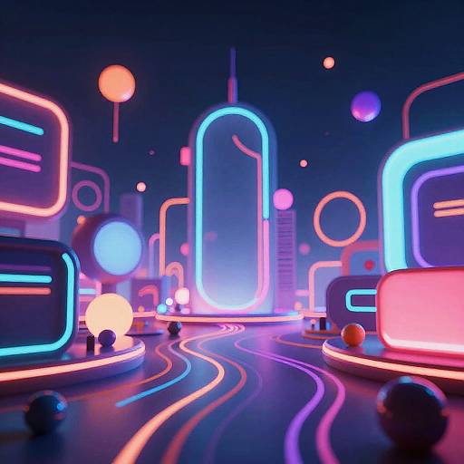 Neon-lit futuristic digital artwork with glowing, colorful, abstract shapes and curves on a dark background, featuring vibrant blue, pink, and orange lights