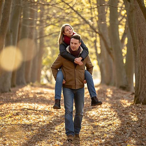 Sunlit Forest Couple Carrying Each Other